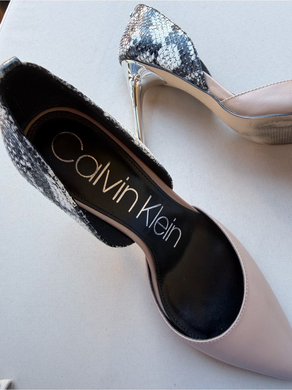 Chrome Heels Calvin Klein Sebrina Pumps Nude Leather Snake Print Stilettos - Picture 7 of 10